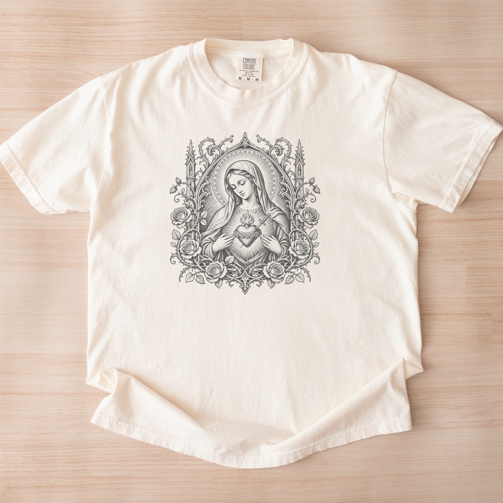 Our Lady Cradling Her Sacred Heart Within a Gothic Rose Border Tee